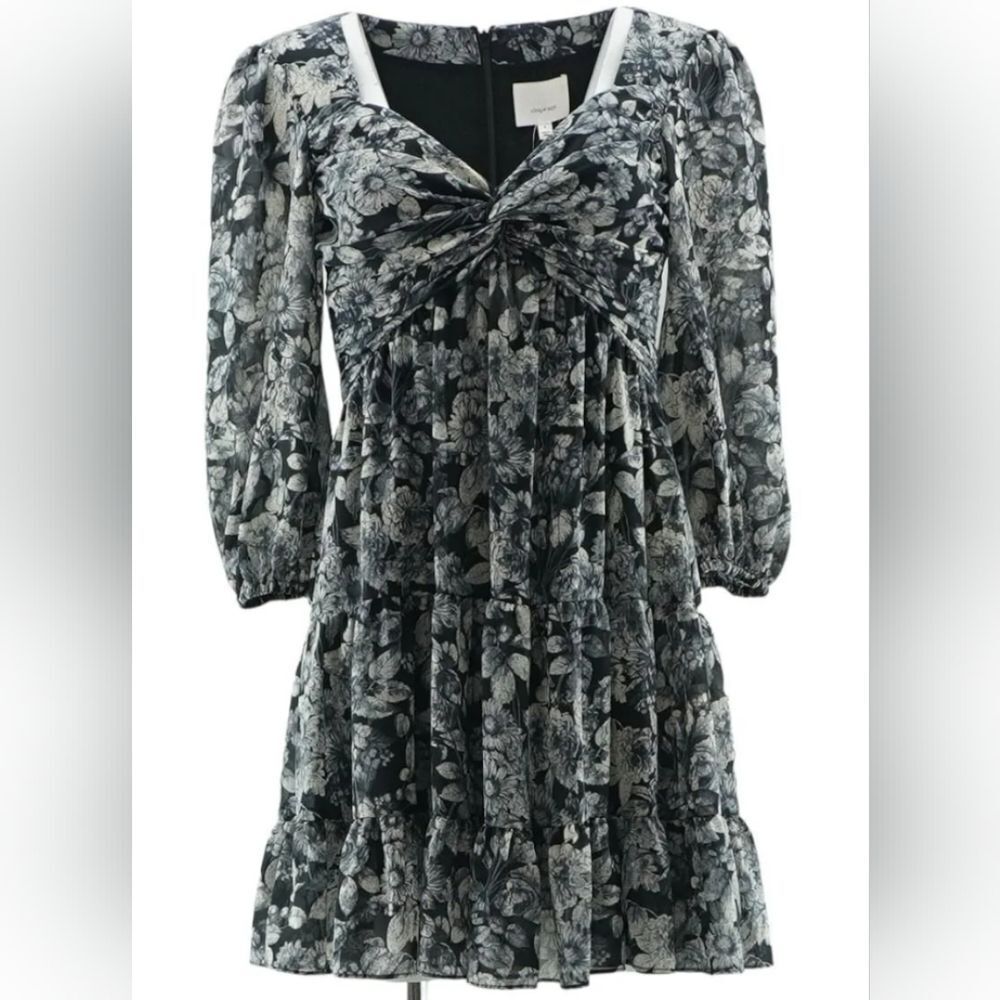 Cinq à Sept NWOT 'Harlie' Floral-Print Tiered Mini-Dress in Slate Floral Size 4